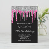 Silver Hot Pink Glitter Drips Black 18th Birthday Kaart (Staand voorkant)