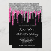 Silver Hot Pink Glitter Drips Black 18th Birthday Kaart (Voorkant / Achterkant)