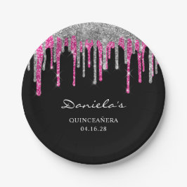 Silver Hot Pink Glitter-schijven zwart Quinceañera Papieren Bordje