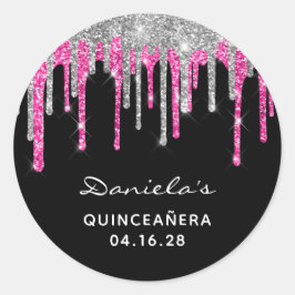 Silver Hot Pink Glitter-schijven zwart Quinceañera Ronde Sticker