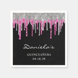 Silver Hot Pink Glitter-schijven zwart Quinceañera Servet