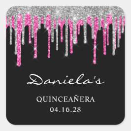 Silver Hot Pink Glitter-schijven zwart Quinceañera Vierkante Sticker