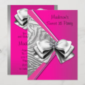 Silver Hot Pink Zebra Sweet 16 Party Kaart (Voorkant / Achterkant)