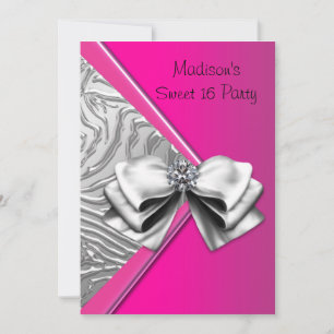 Silver Hot Pink Zebra Sweet 16 Party Kaart