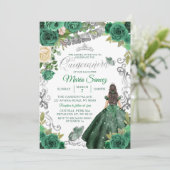 Silver Hunter Green Mexican Floral Quinceañera Kaart (Staand voorkant)