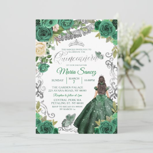 Silver Hunter Green Mexican Floral Quinceañera Kaart (Staand voorkant)