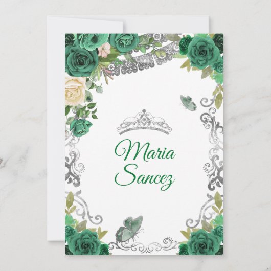 Silver Hunter Green Mexican Floral Quinceañera Kaart (Achterkant)