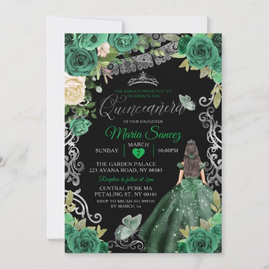Silver Hunter Green Mexican Floral Quinceañera Kaart (Voorkant)