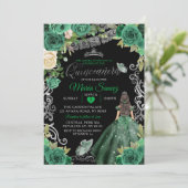 Silver Hunter Green Mexican Floral Quinceañera Kaart (Staand voorkant)