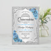 Silver Icy Blue Turquoise Quinceanera Invitation Kaart (Staand voorkant)