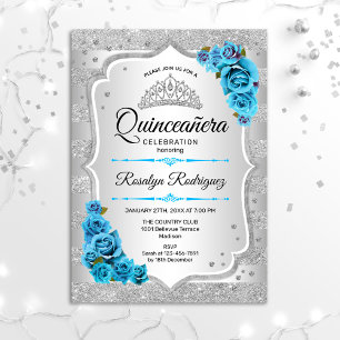 Silver Icy Blue Turquoise Quinceanera Invitation Kaart