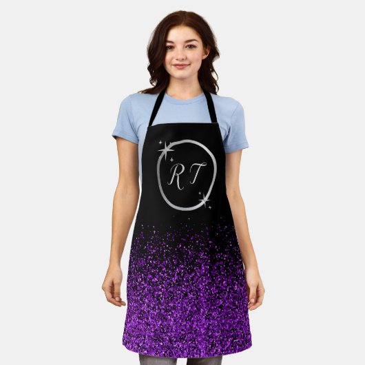 Silver initiaal monogram met paarse glitter | schort (Gedragen)