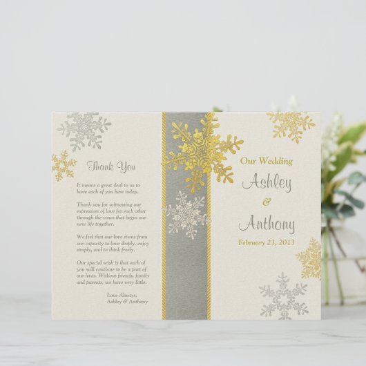 Silver Ivory Gold Snowflake Winter Wedding Program (Staand voorkant)