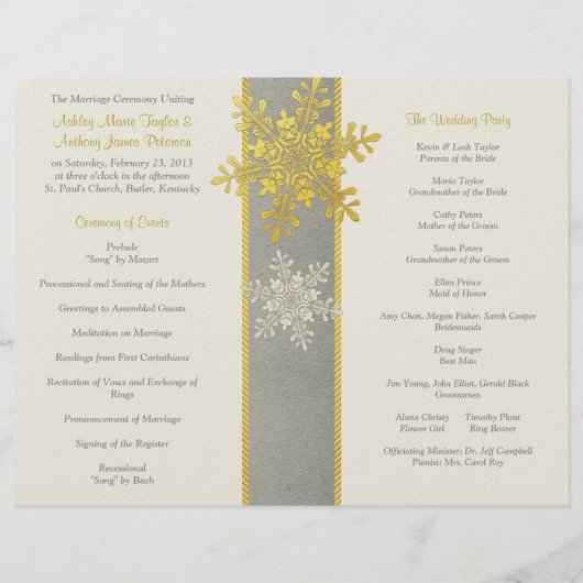 Silver Ivory Gold Snowflake Winter Wedding Program (Achterkant)