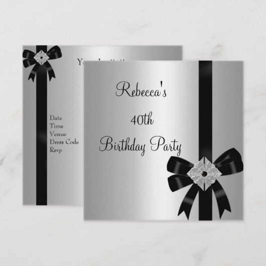 Silver Jewel Black Bow 40th Elegant Birthday Kaart (Voorkant / Achterkant)