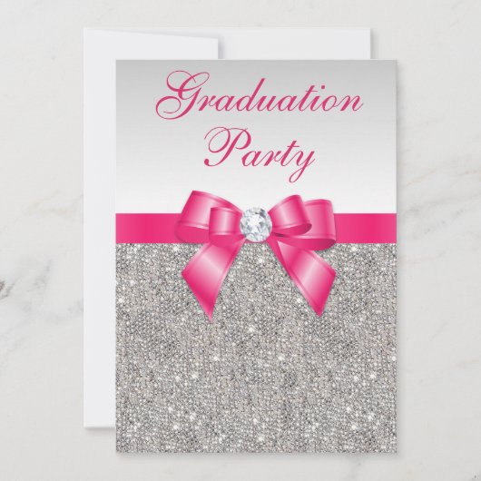 Silver Jewels Hot Pink Bow Girls Graduparty Kaart (Voorkant)