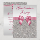 Silver Jewels Pink Bow Girls Graduparty Kaart (Voorkant / Achterkant)