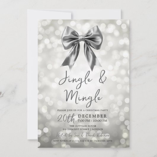Silver Jingle Mingle Christmas Party Bow Bokeh Kaart (Voorkant)