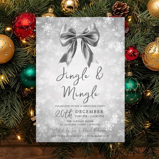Silver Jingle Mingle Christmas Party Bow Snow  Kaart