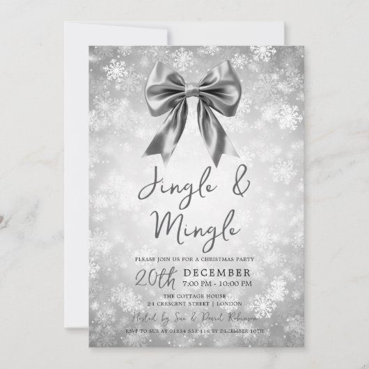 Silver Jingle Mingle Christmas Party Bow Snow Kaart (Voorkant)