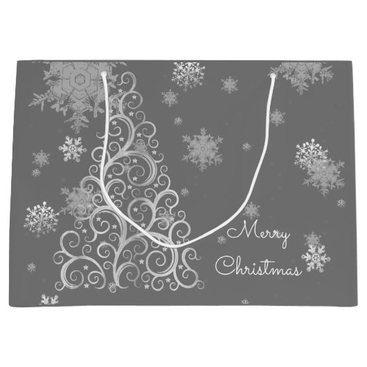 Silver kerstboom en Snowflakes Gift Bag Groot Cadeauzakje (Voorkant)