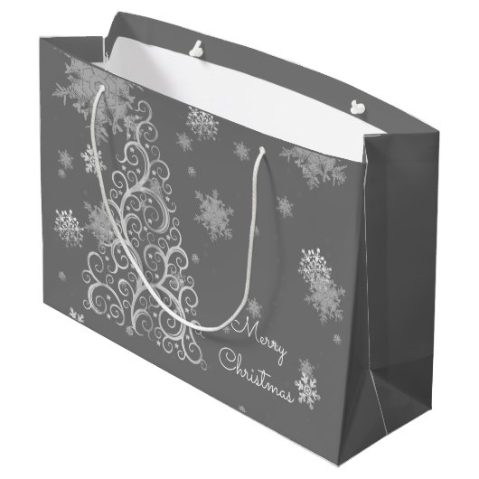 Silver kerstboom en Snowflakes Gift Bag Groot Cadeauzakje (Achterkant Gekanteld)