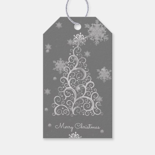 Silver kerstboom en Snowflakes Gift Label Cadeaulabel (Voorkant)