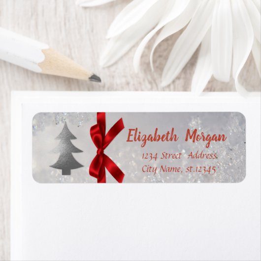 Silver kerstboom, Red Bow, feestdag Etiket (Insitu)