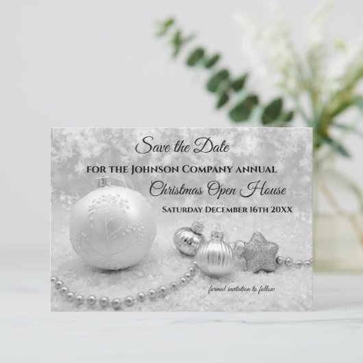 Silver Kerstmis Open House Save the Date Kaart (Staand voorkant)