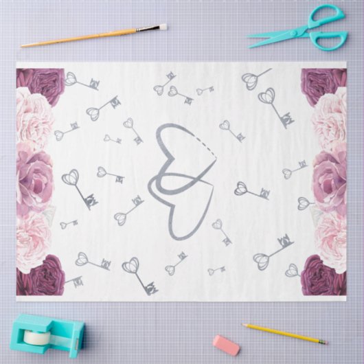 Silver Keys & Hearts Floral Weddenschap Tissuepapier (Craft)