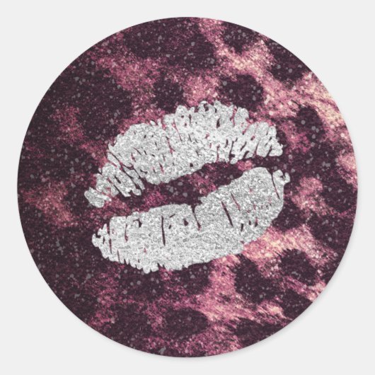 Silver Kiss Lips Glitter Sparkly Cheetah Leopard Ronde Sticker (Voorkant)