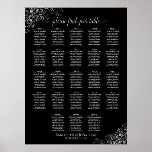 Silver Lace 23 Table Black Wedding Seating Chart Poster (Voorkant)