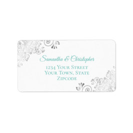 Silver Lace Aqua Blauwgroen op wit trouwadres Etiket