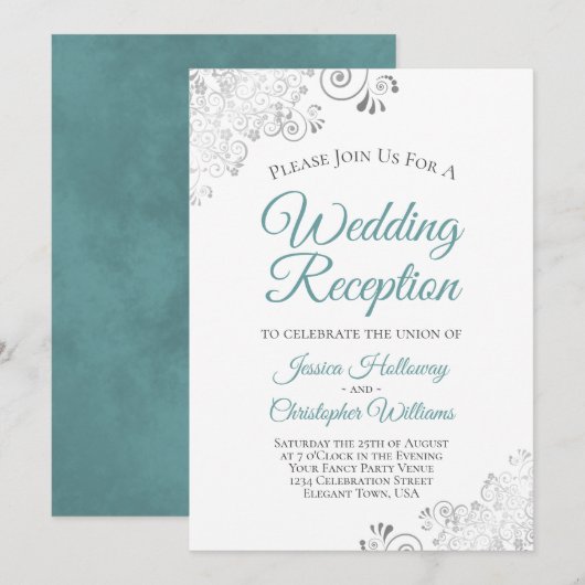 Silver Lace Blauwgroen en White Elegant Wedding Re Kaart (Voorkant / Achterkant)