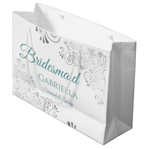 Silver Lace Blauwgroen op White Bridesmaid Wedding Groot Cadeauzakje