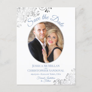 Silver Lace Blue White Wedding Save the Date Photo Aankondigingskaart
