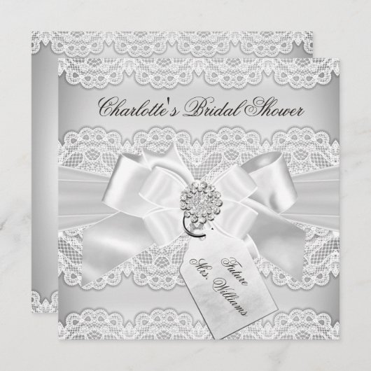 Silver Lace & Bow Bridal Shower-uitnodiging Kaart (Voorkant / Achterkant)