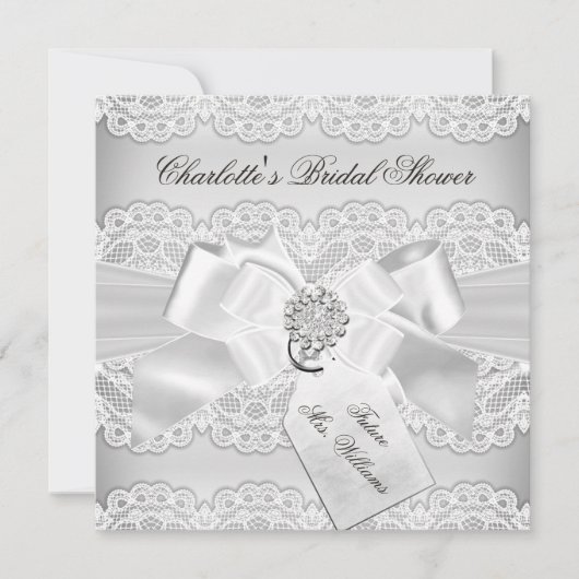Silver Lace & Bow Bridal Shower-uitnodiging Kaart (Voorkant)