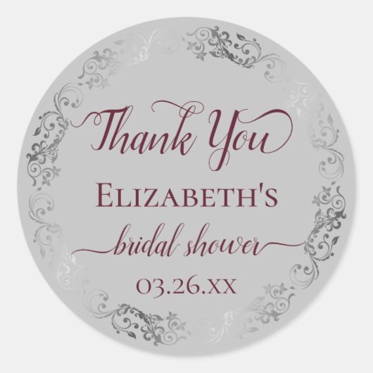 Silver Lace Burgundy Gray Vrijgezellenfeest Dank u Ronde Sticker (Voorkant)