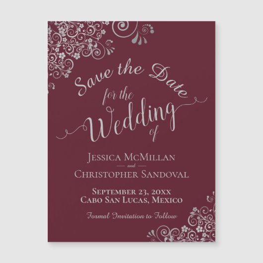 Silver Lace Burgundy Wedding Save the Date Magnet (Voorkant)
