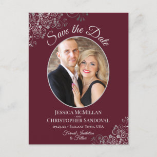 Silver Lace Burgundy Wedding Save the Date Photo Aankondigingskaart