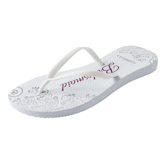 Silver Lace Cassis op White Bridesmaid Wedding Teenslippers (Schuin)