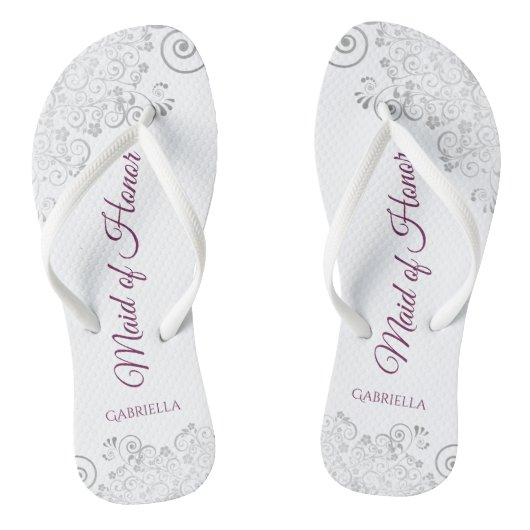 Silver Lace Cassis op White Maid of Honor Wedding Teenslippers (Voetbed)