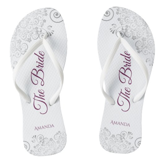 Silver Lace Cassis Paars de Bride White Wedding Teenslippers (Voetbed)