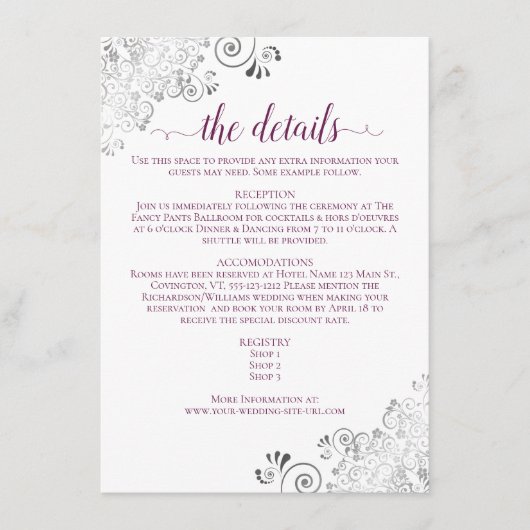 Silver Lace Cassis Paars op White Wedding Details Informatiekaartje (Voorkant)