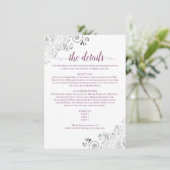 Silver Lace Cassis Paars op White Wedding Details Informatiekaartje (Staand voorkant)