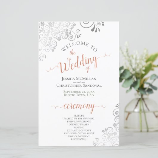 Silver Lace Coral on White Budget Wedding Programm (Staand voorkant)