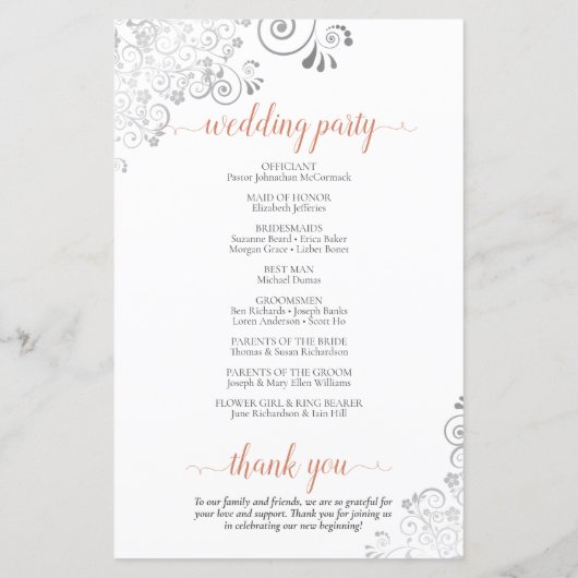 Silver Lace Coral on White Budget Wedding Programm (Achterkant)