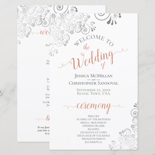 Silver Lace Coral on White Budget Wedding Programm (Voorkant / Achterkant)