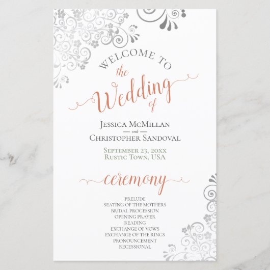Silver Lace Coral on White Budget Wedding Programm (Voorkant)
